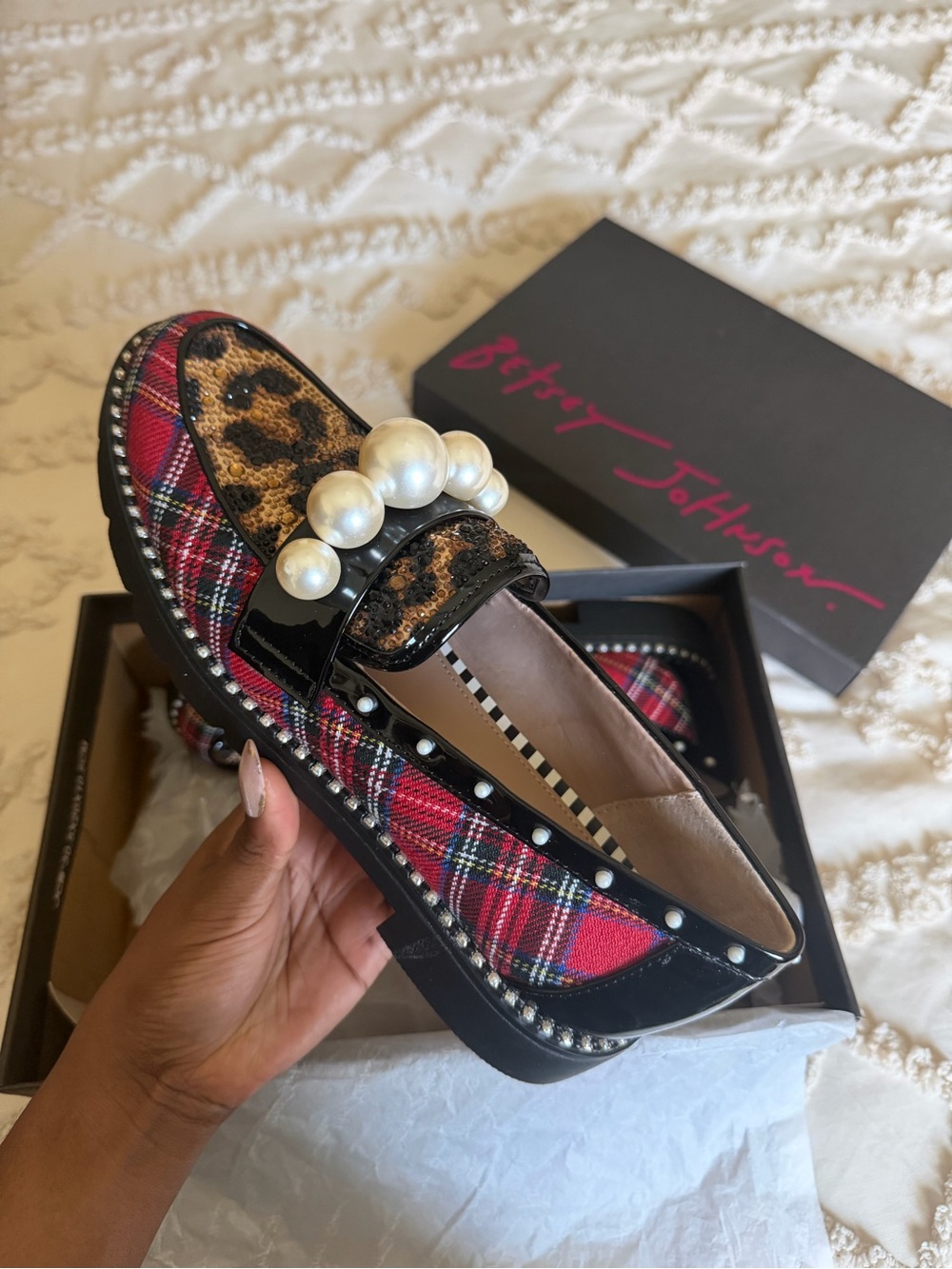 Betsey Johnson Red Plaid & Leopard Pearl-Accent Loafers